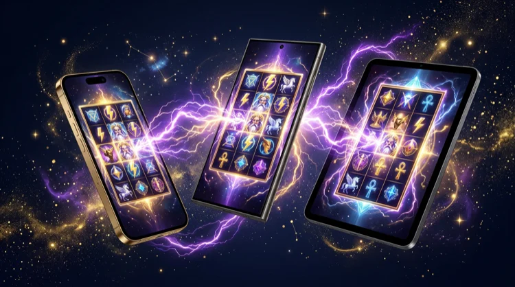 iPhone, iPad and Android phone showing the Cazeus mobile casino with mythology slots on the screens