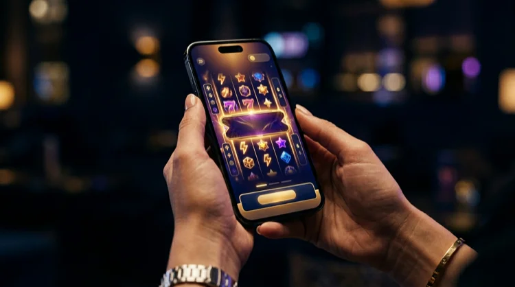 Hands holding an iPhone with the Cazeus slot lobby glowing on the screen in a dark room