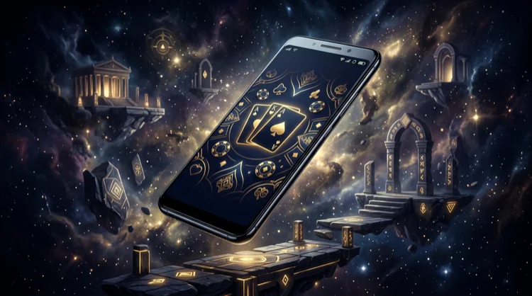 Android smartphone showing the Cazeus casino lobby on a dark navy background
