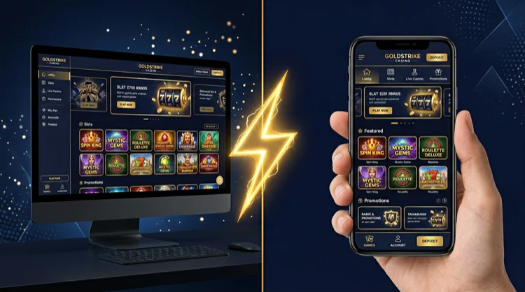 Desktop and phone panels showing the same Cazeus interface linked by a lightning bolt