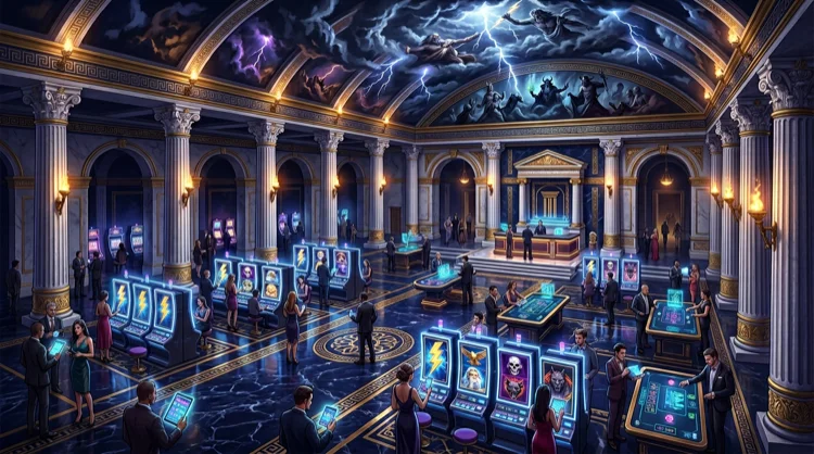 Isometric temple interior as a mobile casino with holographic reels and players on phones
