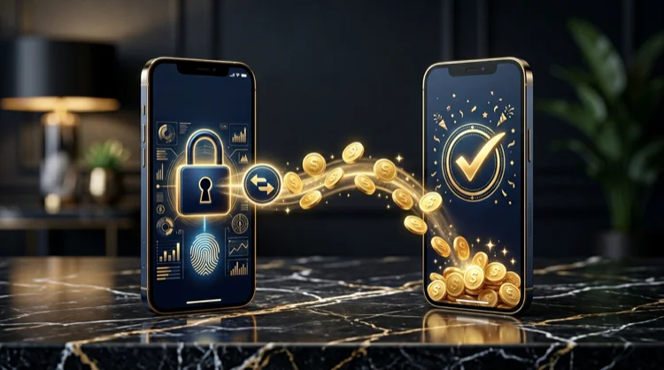 Two phones showing secure banking authorisation and a successful payment with coins between them