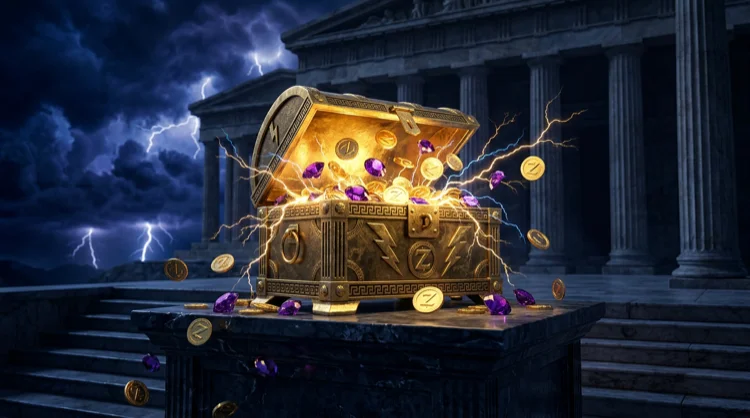 Golden treasure chest on a marble Olympus altar spilling coins, jewels and lightning