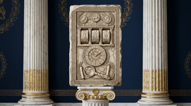 Ancient stone tablet carved with symbols for bonus rules, spins and time limits