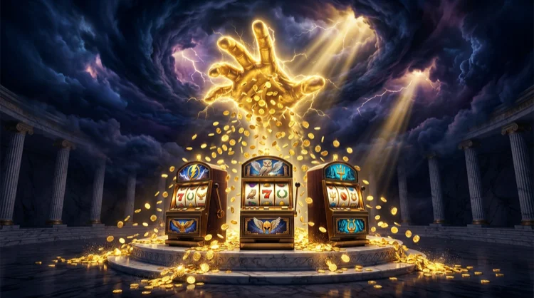Divine hand from the clouds dropping gold coins onto mythology-themed slot machines