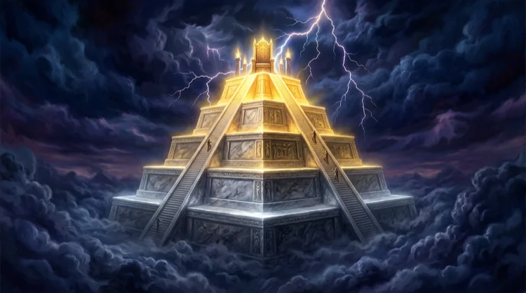 Five-step marble pyramid in the clouds leading to a golden throne, representing VIP tiers