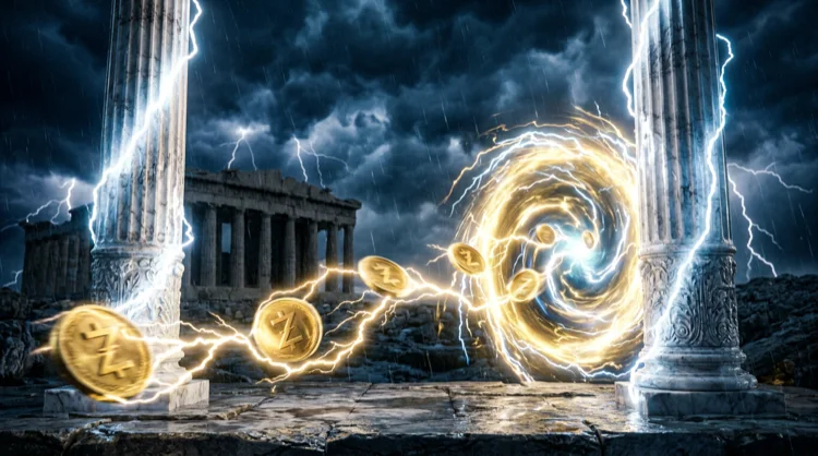 Gold coins moving through a lightning portal between marble columns