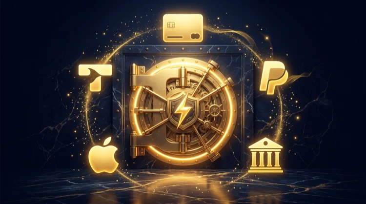 Stylised payment methods around a golden vault door with a lightning emblem