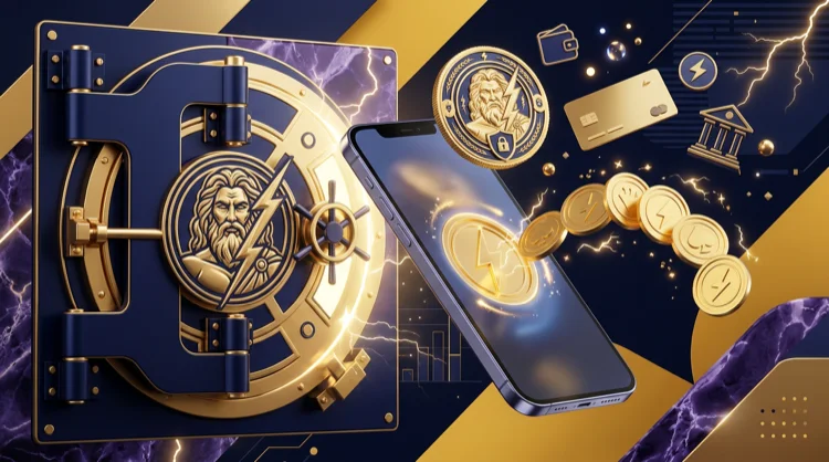 Smartphone deposit flow with a coin entering a golden vault and payment medallions