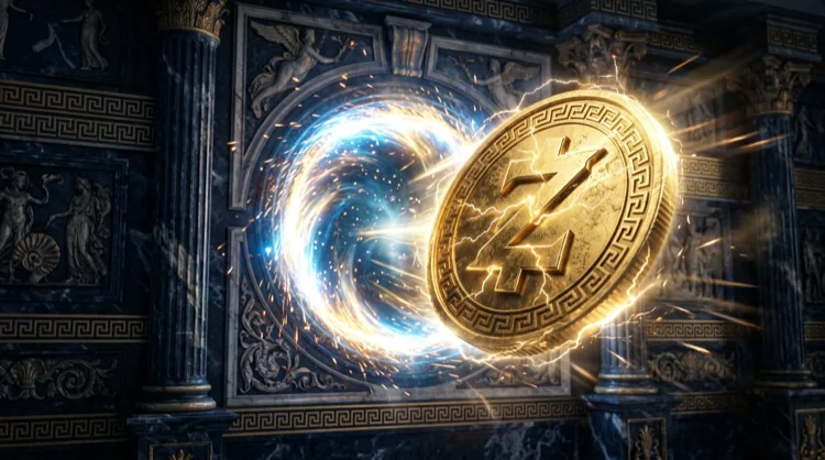 Large gold coin emerging from a glowing portal in a carved marble wall