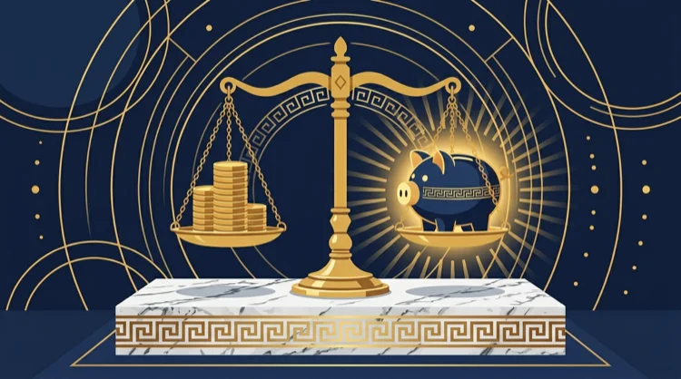 Balance scale comparing deposits and withdrawals with abstract limit rings