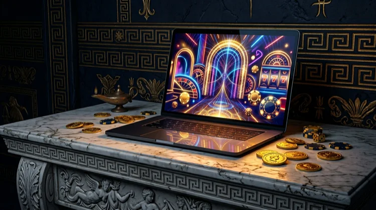 Marble desk with a laptop showing a glowing casino lobby, gold coins and Greek key patterns in the background