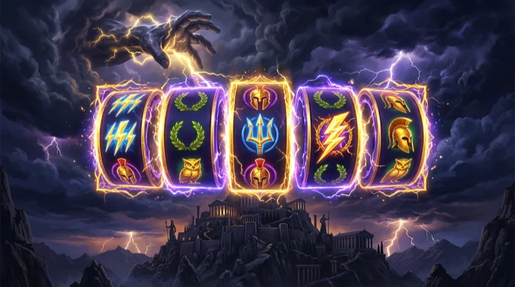Glowing mythology slot reels floating above Mount Olympus with storm clouds and divine lightning