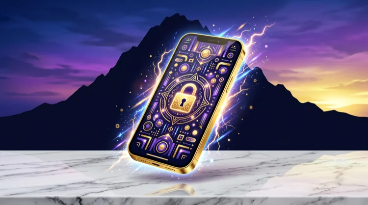 Smartphone with a secure casino login and lock icon over an Olympus silhouette at twilight