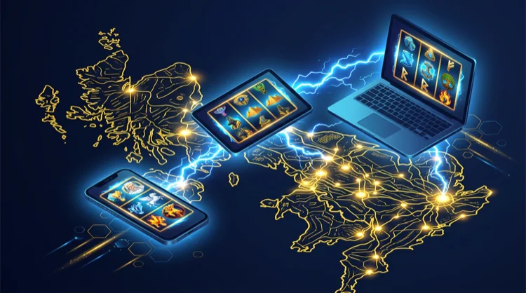 Phone, tablet and laptop showing the casino on screens above a stylised UK map with connecting lightning