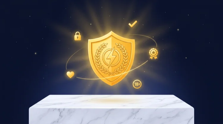 Golden shield with laurel and lightning over marble, symbolising licensed and responsible play