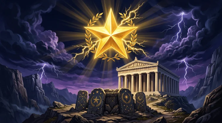 Golden star and laurel wreaths above an Olympus temple, symbolising top casino ratings