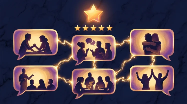Grid of player review bubbles and stars representing verified UK player ratings