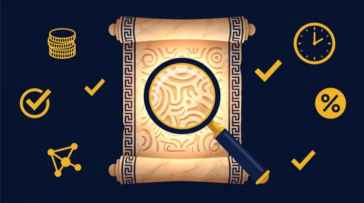 Magnifying glass over a stone scroll with symbols for bonus terms, wagering and expiry