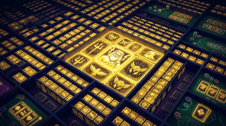 Overhead view of a glowing game library with mythology slots and live casino tiles on dark shelves