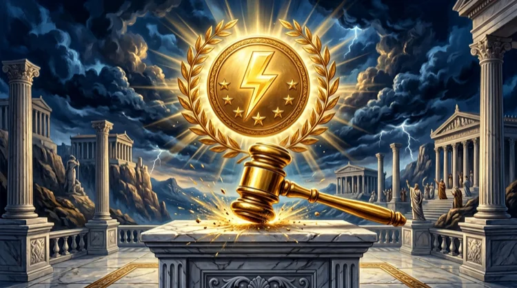 Golden gavel and radiant badge with lightning and stars above marble, suggesting a strong expert verdict