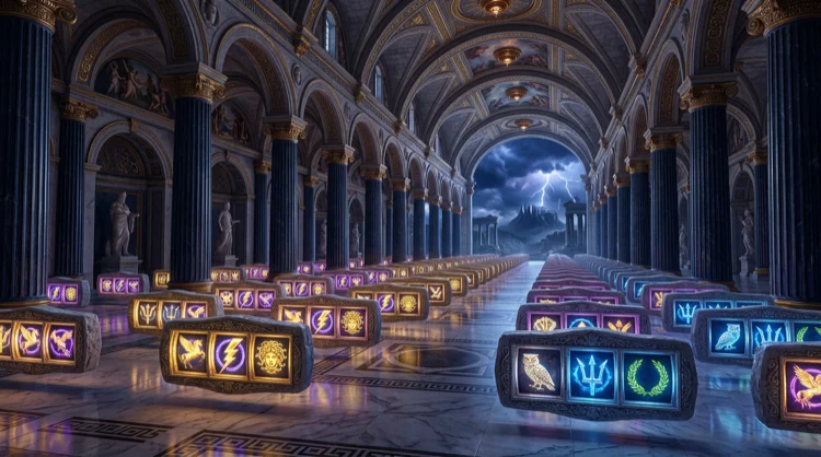 Greek temple interior as a glowing casino floor with mythology slot reels and marble columns