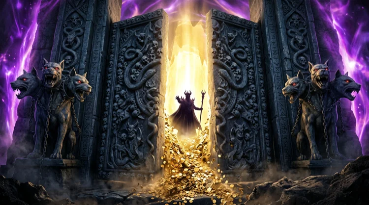 Underworld stone gates opening to golden light with coins, inspired by the Gates of Hades slot theme