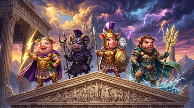 Playful Olympigs-style scene with pigs dressed as Greek gods on an Olympus temple