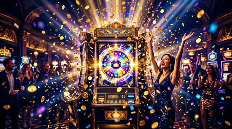 Jackpot win moment with coins and light bursting from a slot machine screen