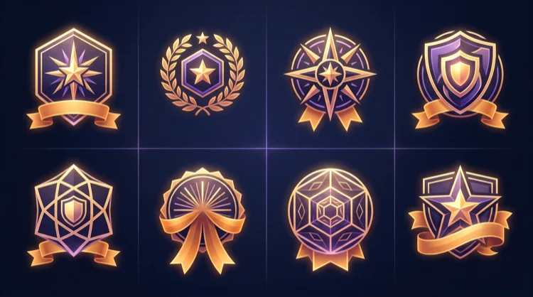 Abstract glowing provider badges and certification seals on a dark panel