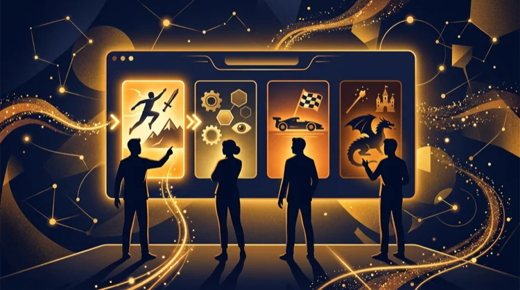 Silhouettes of players choosing different slot categories on a glowing selection panel