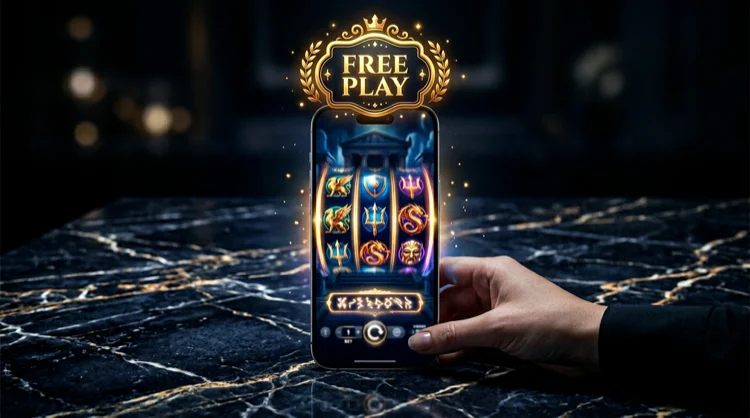 Smartphone showing a demo slot with mythological symbols on a marble surface